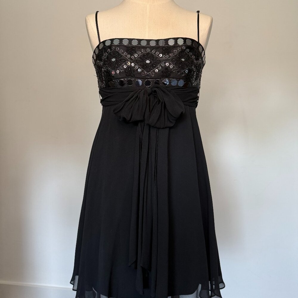 BCBG Maxazria Vintage Embelished Black Silk Spaghetti Strap Cocktail Dress, Sz 6